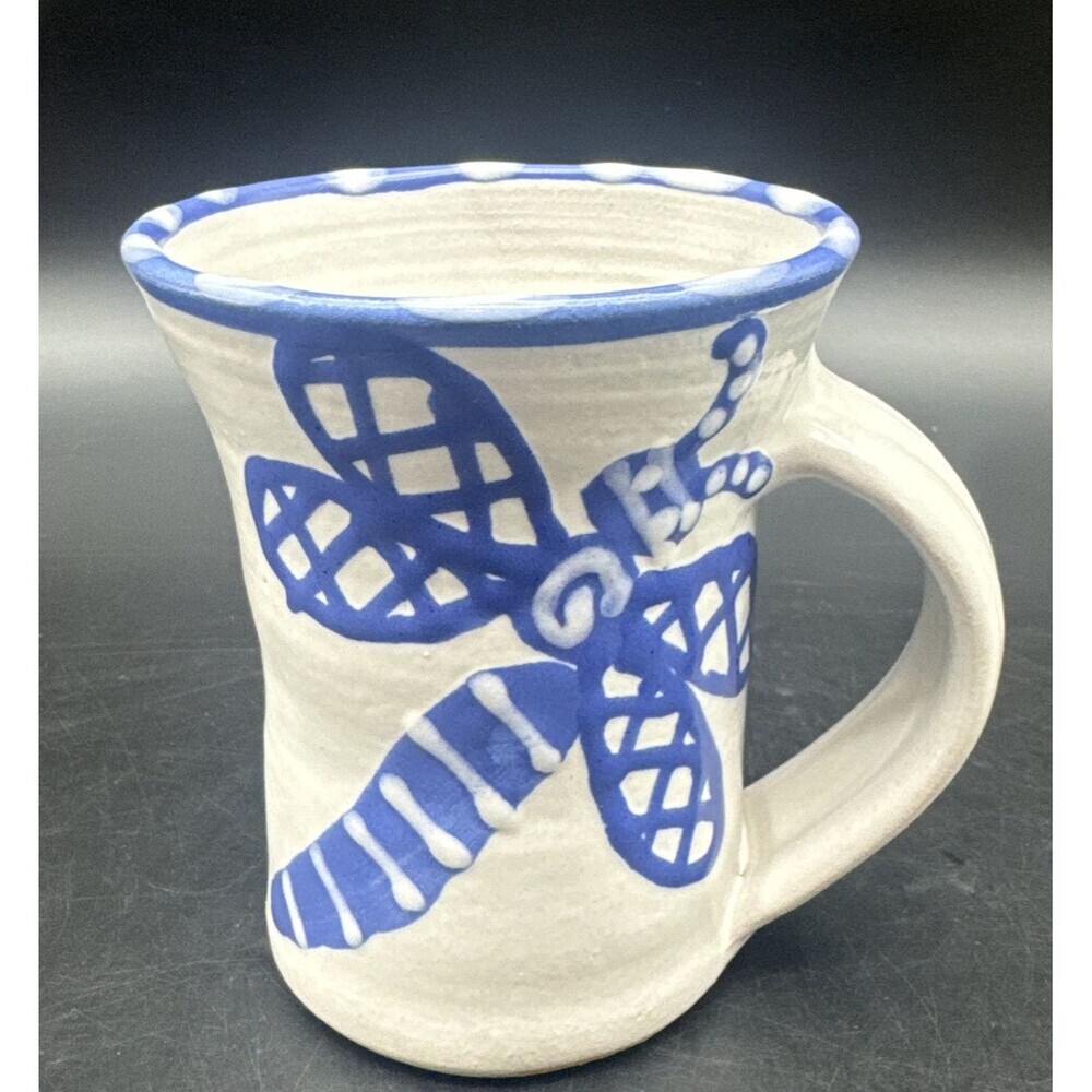 Art Studio Pottery BLUE & WHITE Glazed Butterfly/Firefly Mug Signed 12oz